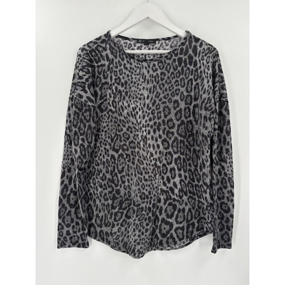 INC International Concepts Shirt Womens Medium Gray Black Leopard Metallic Top